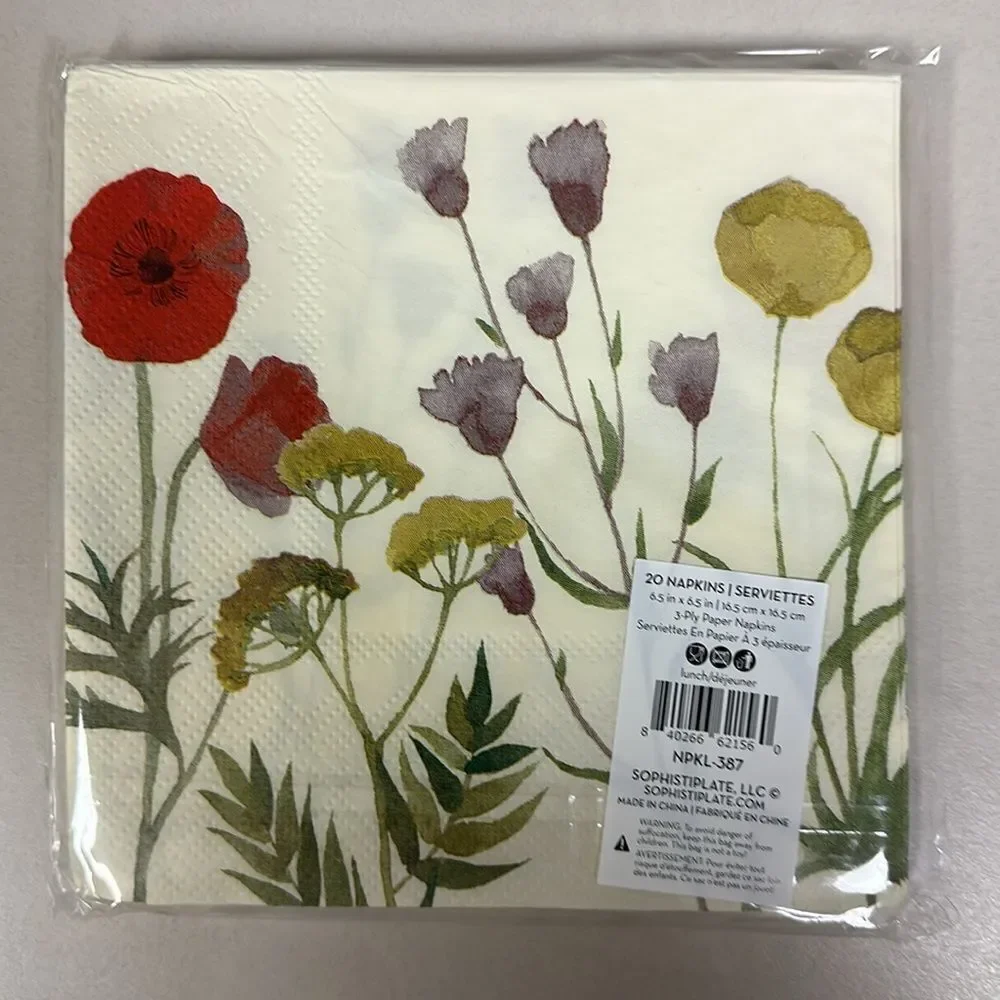 Field Poppy Florals Ivory Set of 8 paper dinner plates and 20 Square Napkins